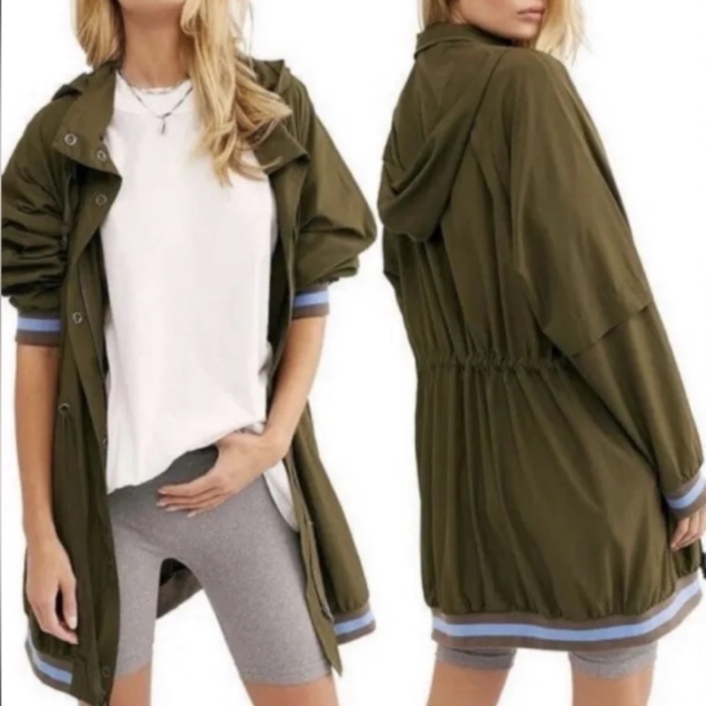 Free People Windswept Hooded Jacket Longline Green Windbreaker XS Oversized EUC